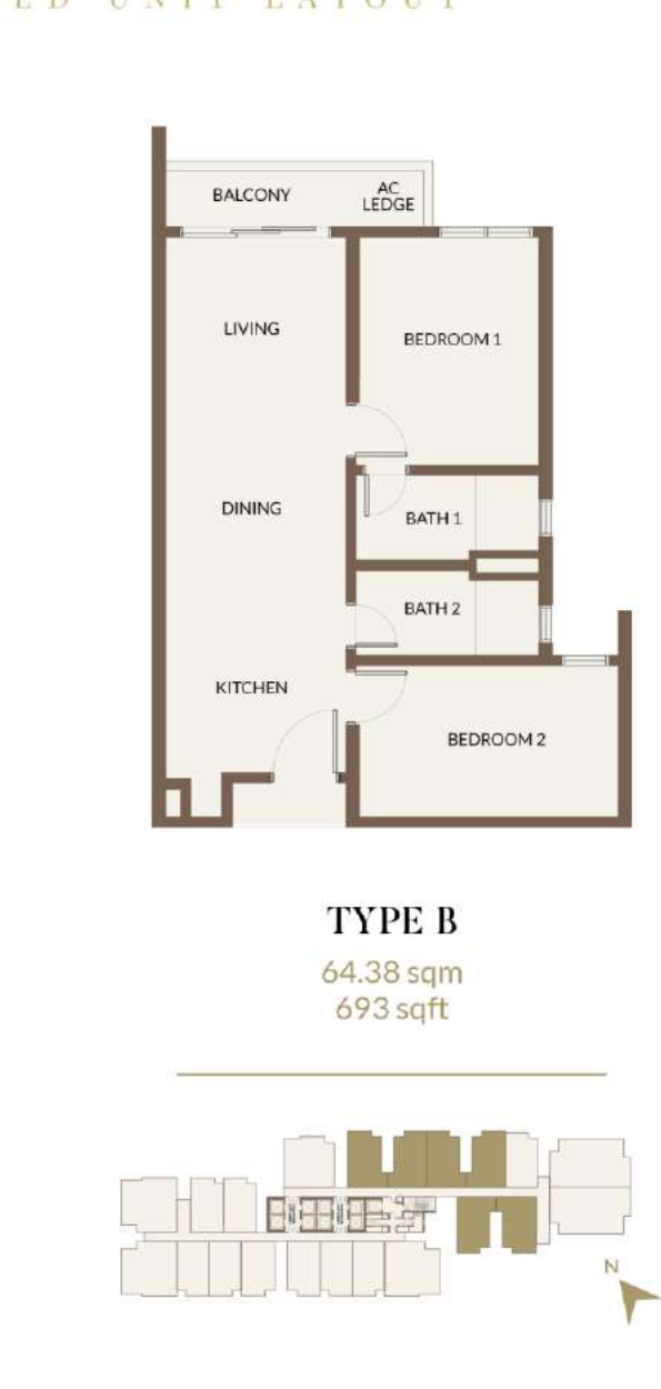 Aethera Residences B 户型图，2房