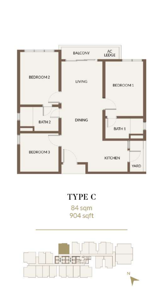 Aethera Residences C 户型图，3房