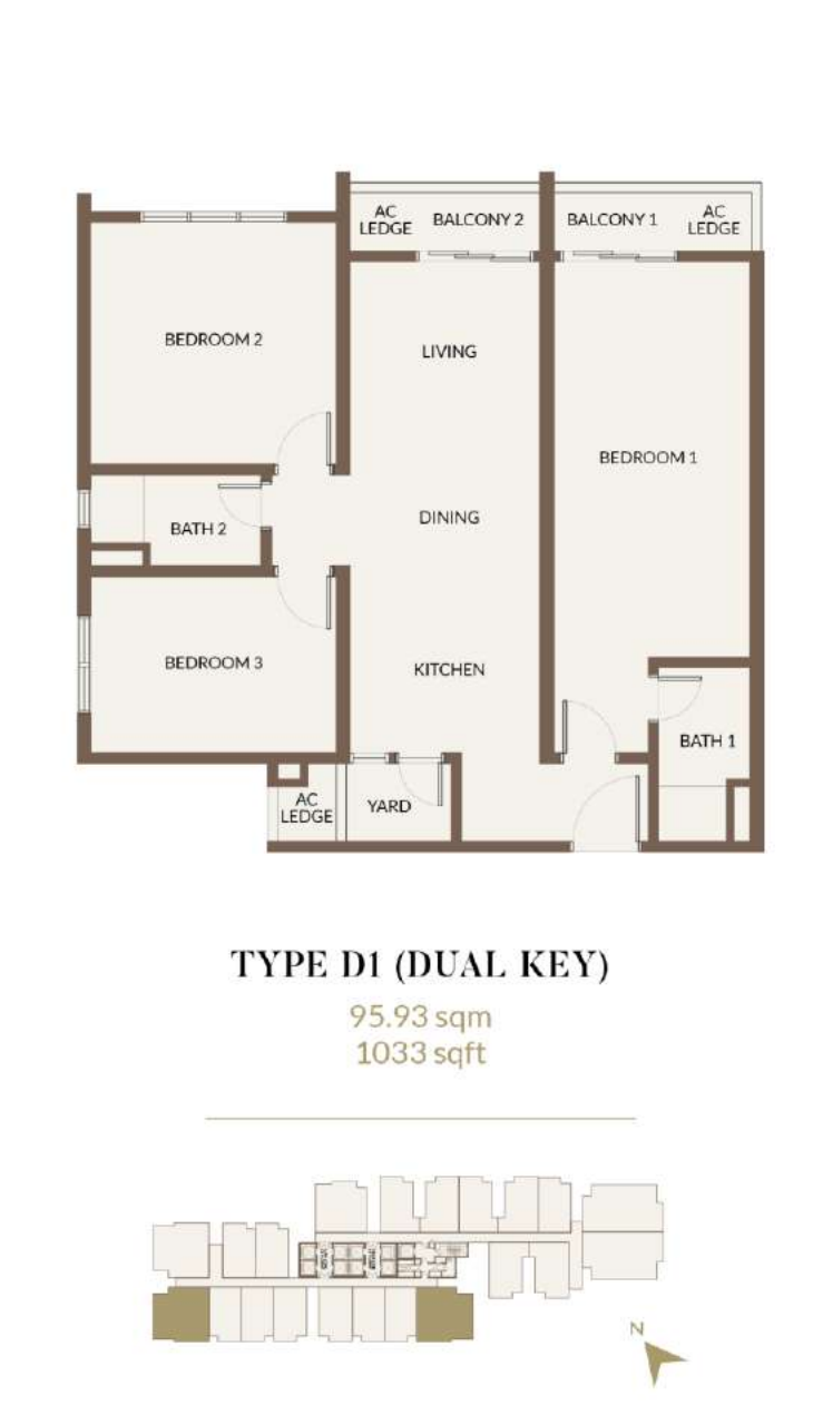 Aethera Residences D1 户型图，3房