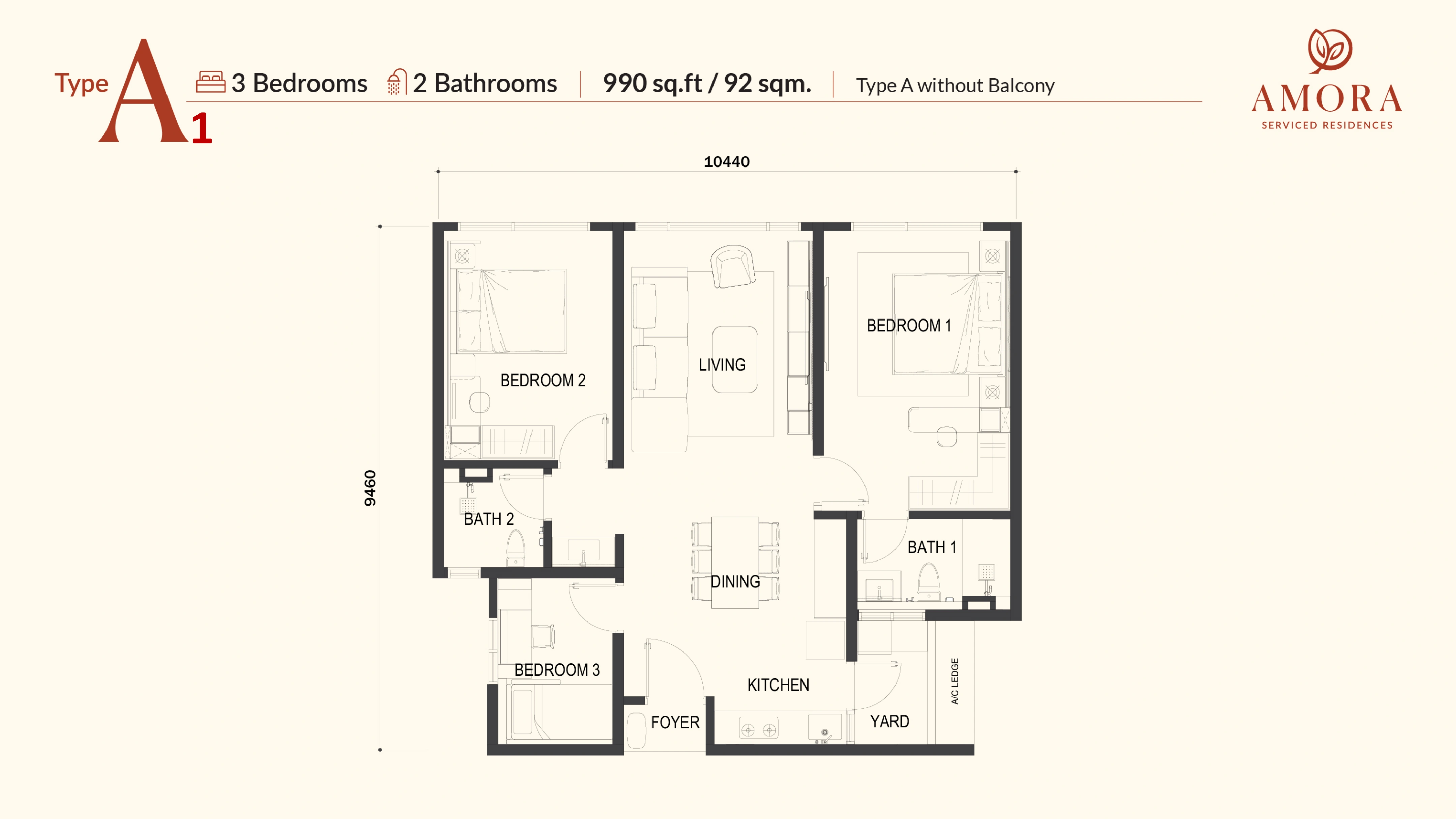 Amora Serviced Residence A1 户型图，3房