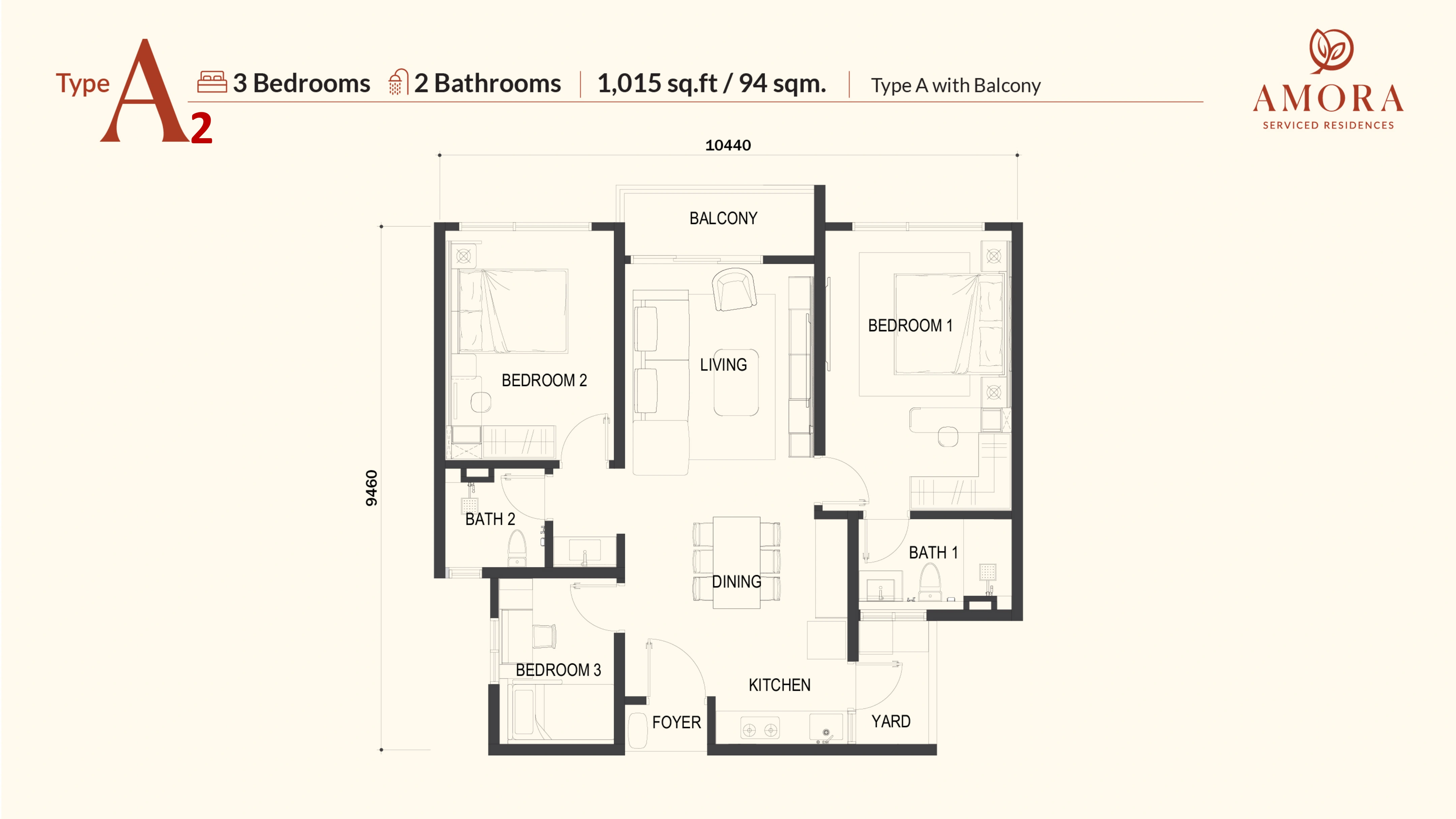 Amora Serviced Residence A2 户型图，3房