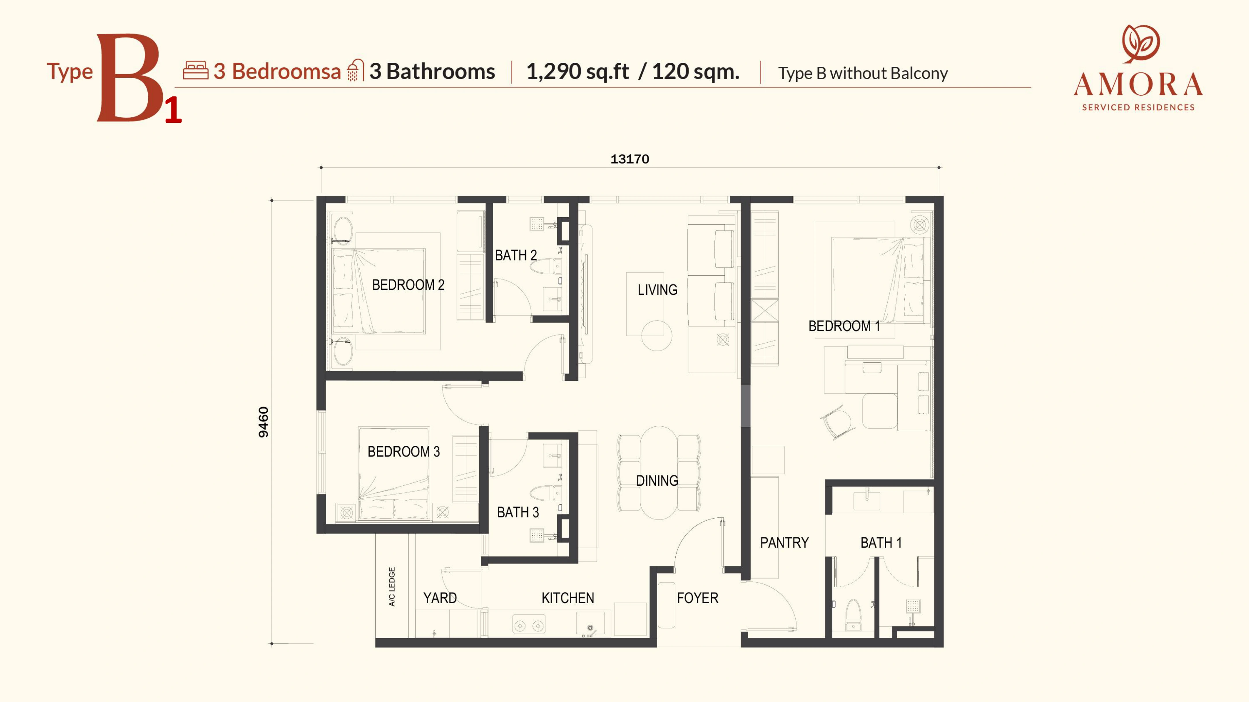 Amora Serviced Residence B1 户型图，3房