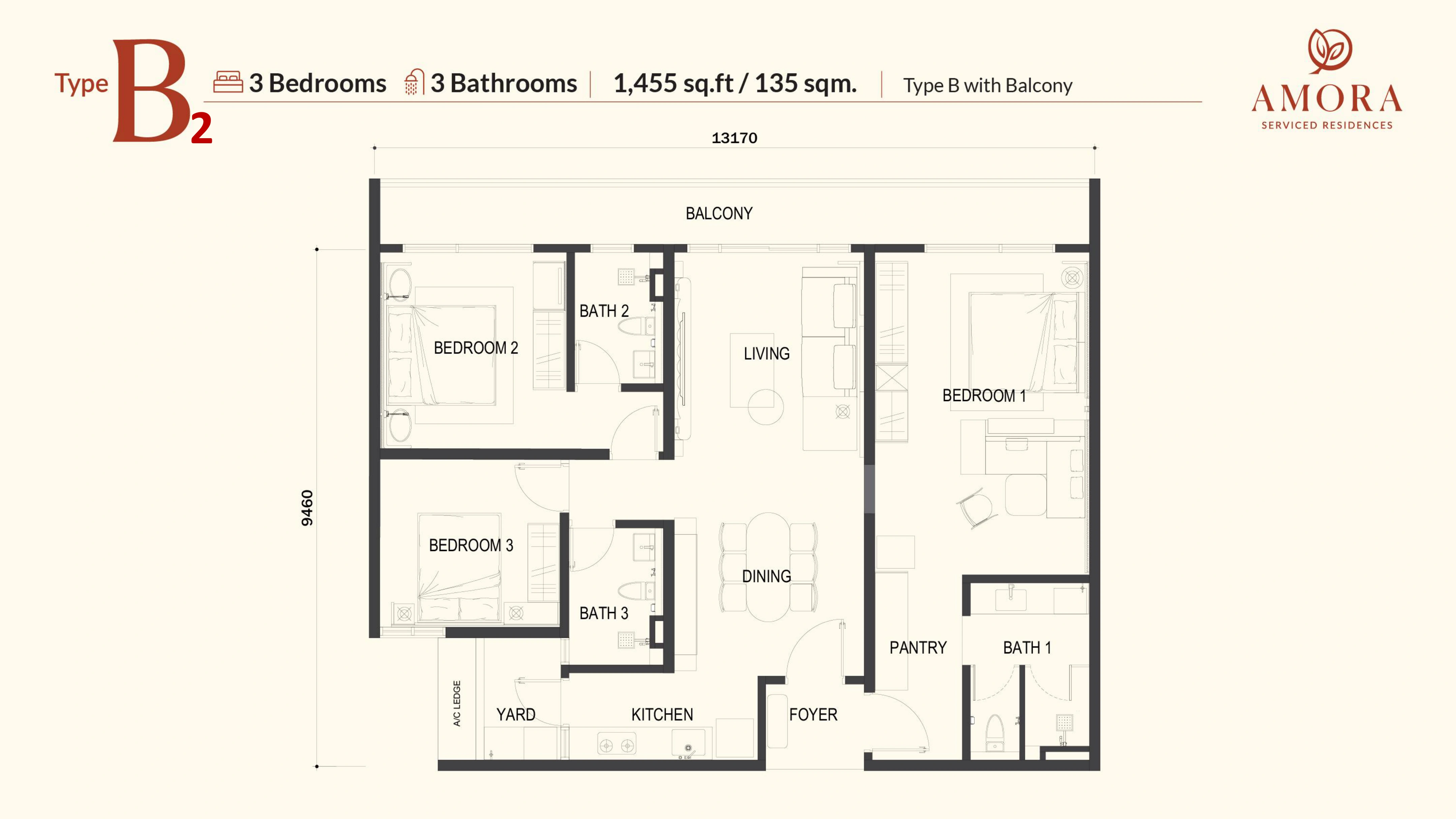 Amora Serviced Residence B2 户型图，3房
