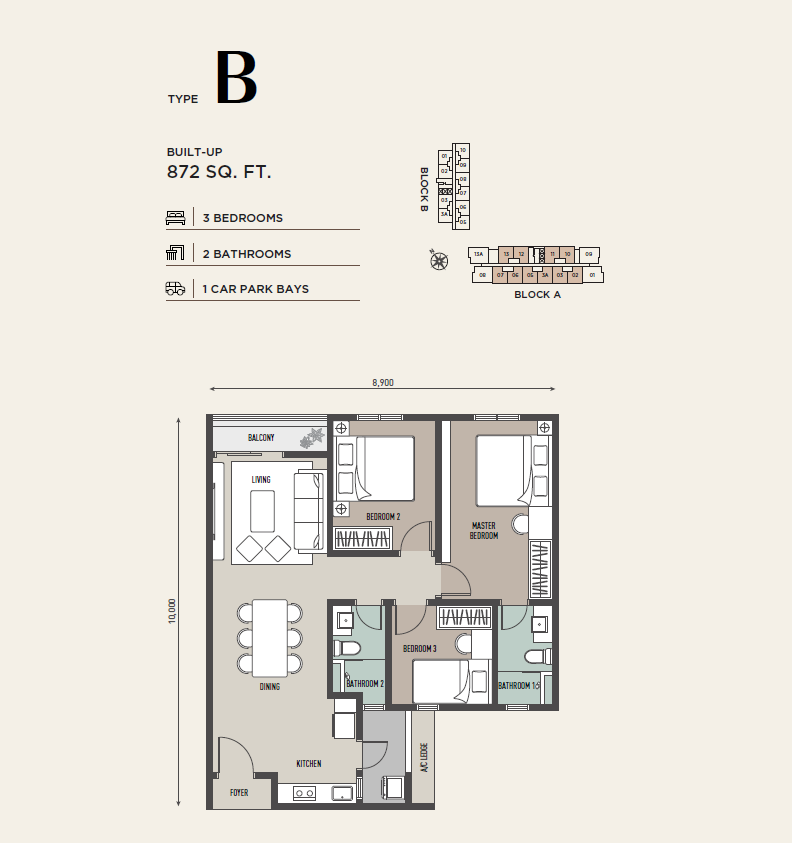 Atlas Residences B 户型图，3房