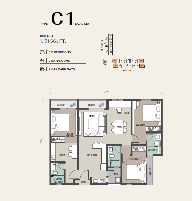 Atlas Residences C1 户型图，3房