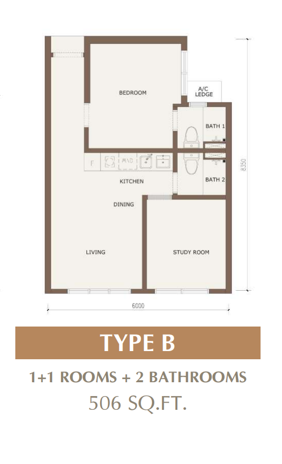 CTC SKYONE @ BUKIT CHAGAR B 户型图，1房