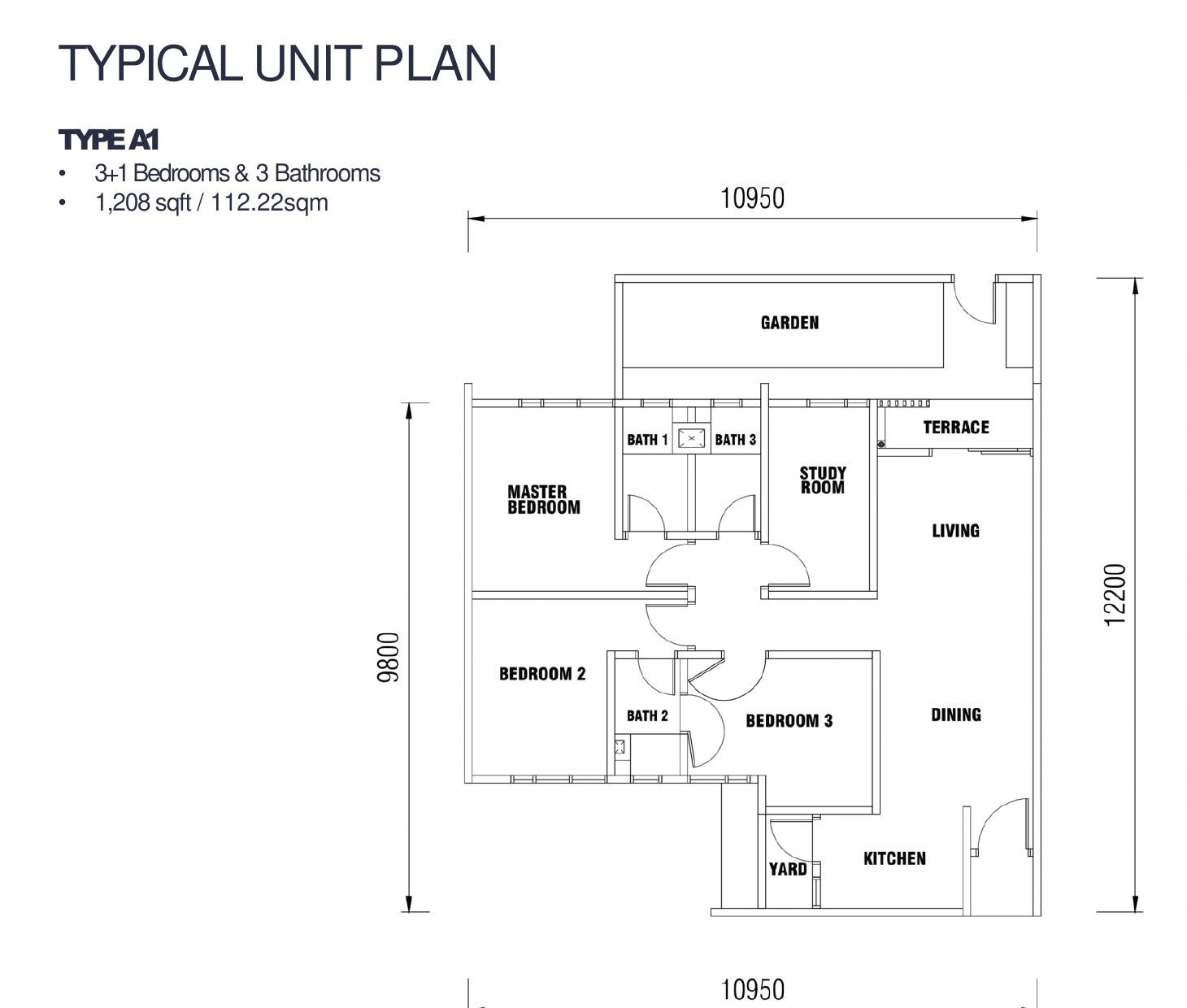 Elmora Condominium A1 户型图，3房