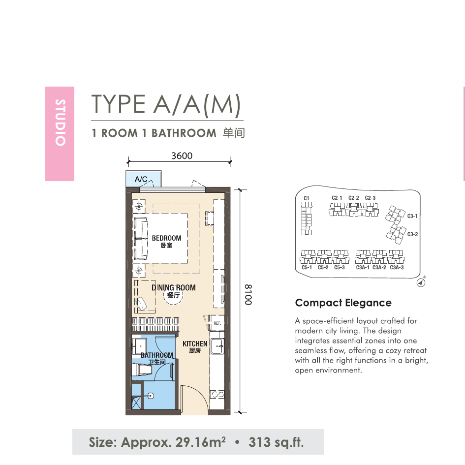 R&F Princess Cove Phase 3 New Casa Suites A/A(M) 户型图，Studio