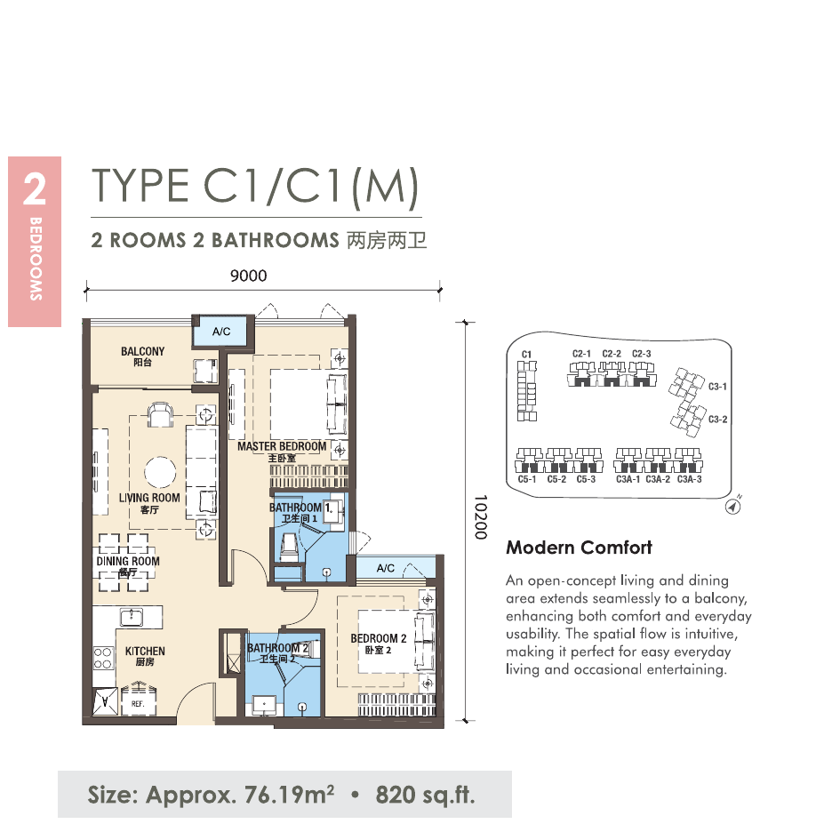 R&F Princess Cove Phase 3 New Casa Suites C1/C1(M) 户型图，2房