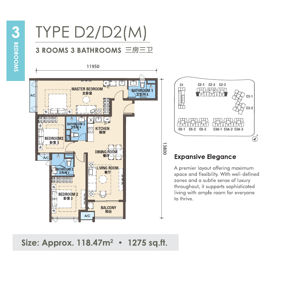 R&F Princess Cove Phase 3 New Casa Suites D2/D2(M) 户型图，3房