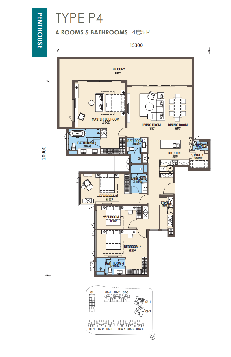 R&F Princess Cove Phase 3 New Casa Suites P4 户型图，4房