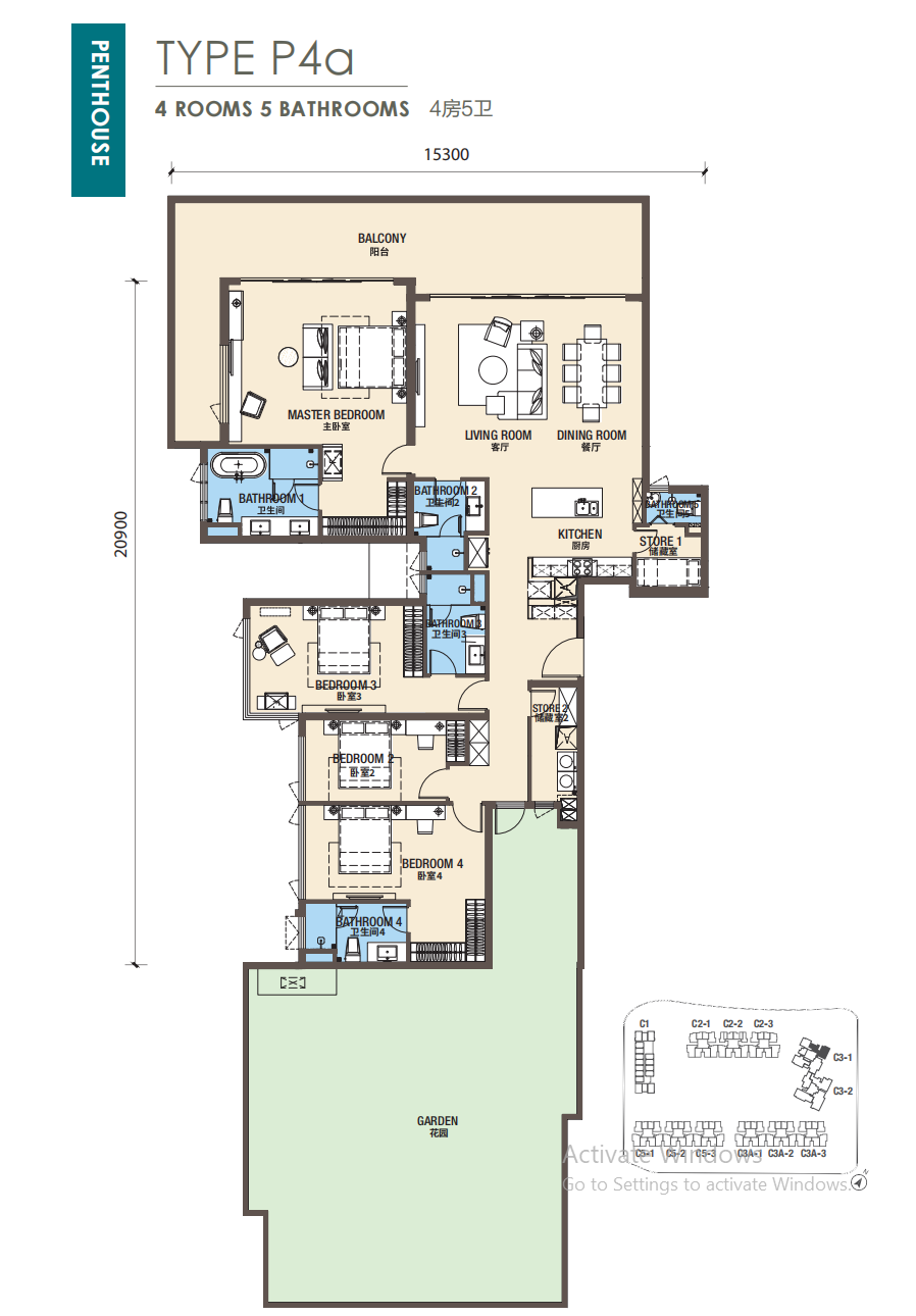 R&F Princess Cove Phase 3 New Casa Suites P4a 户型图，4房