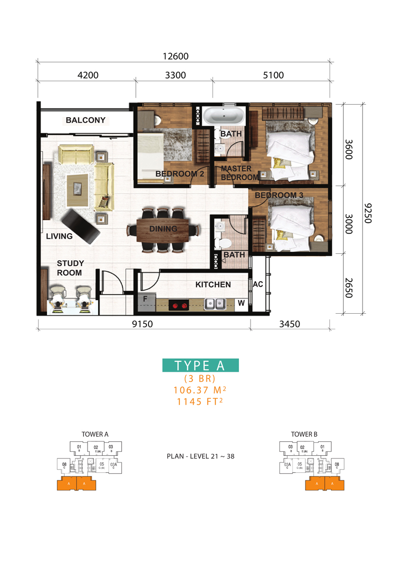 SKS Pavillion Residences A 户型图，3房