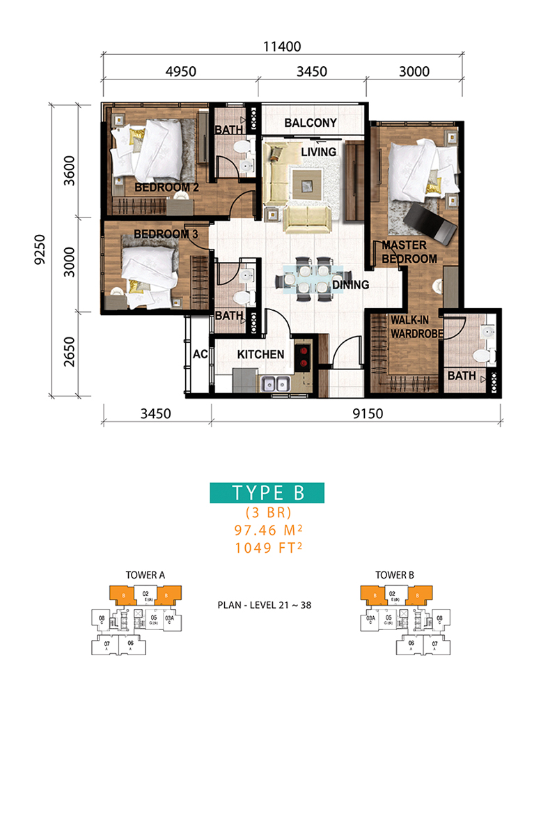 SKS Pavillion Residences B 户型图，3房