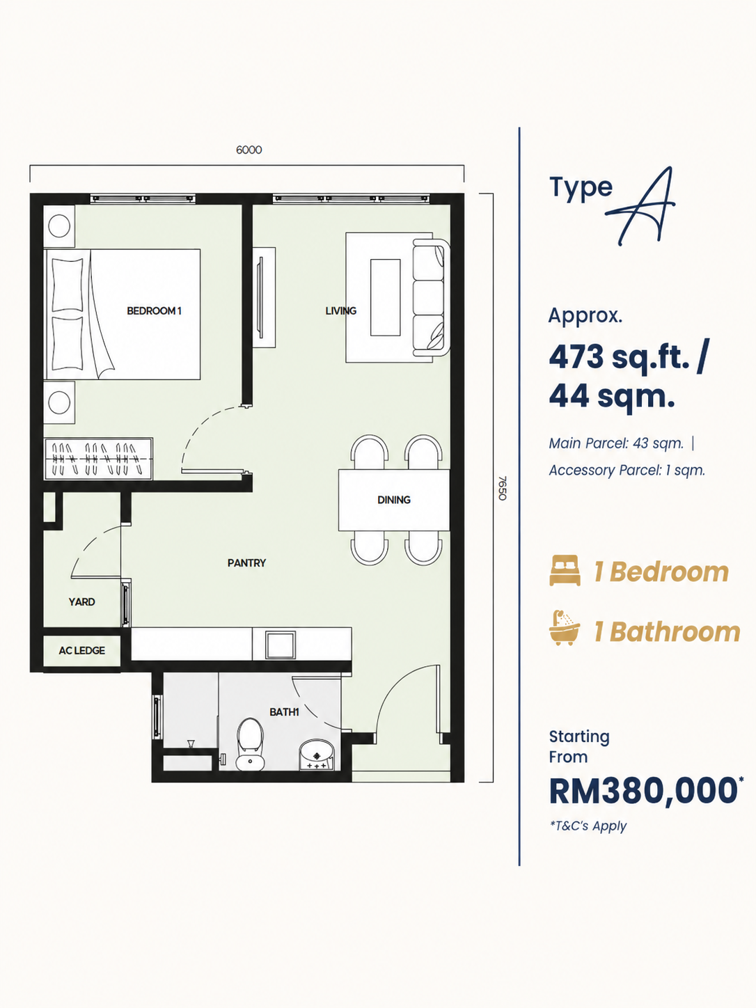 Sunway Majestic – ARA (Plot 1 SOHO & Retail) A 户型图，1房
