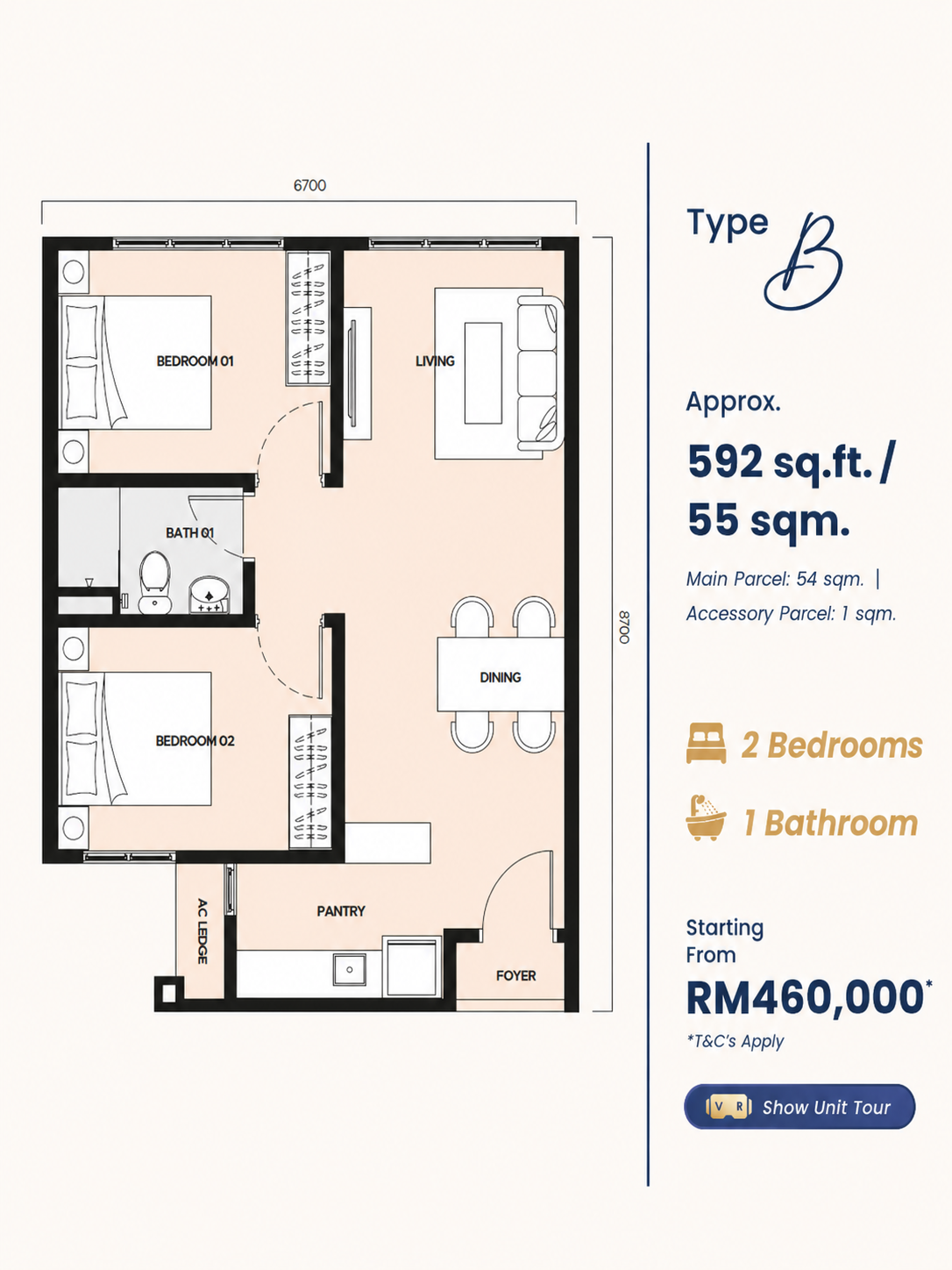 Sunway Majestic – ARA (Plot 1 SOHO & Retail) B 户型图，2房