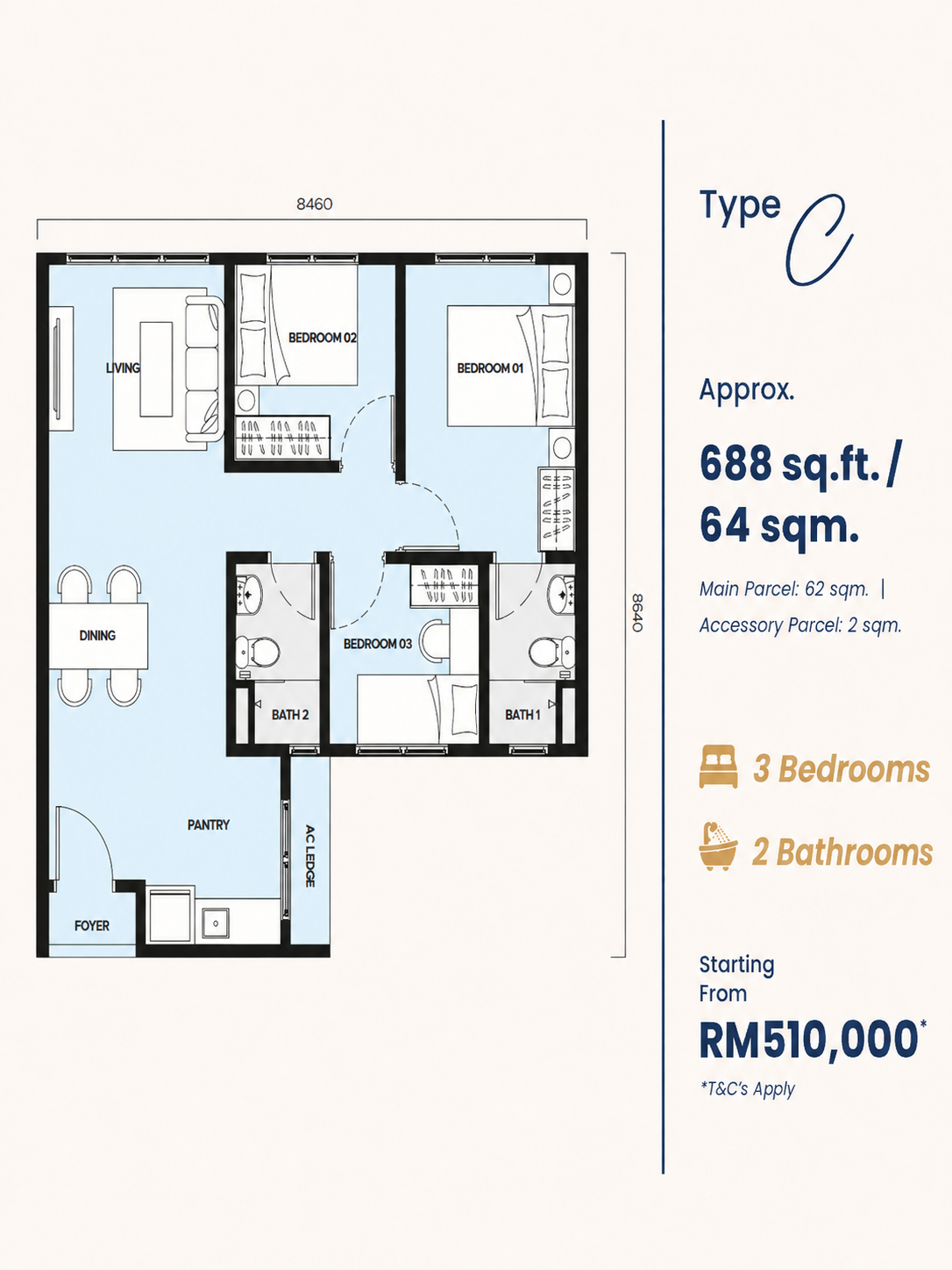 Sunway Majestic – ARA (Plot 1 SOHO & Retail) C 户型图，3房