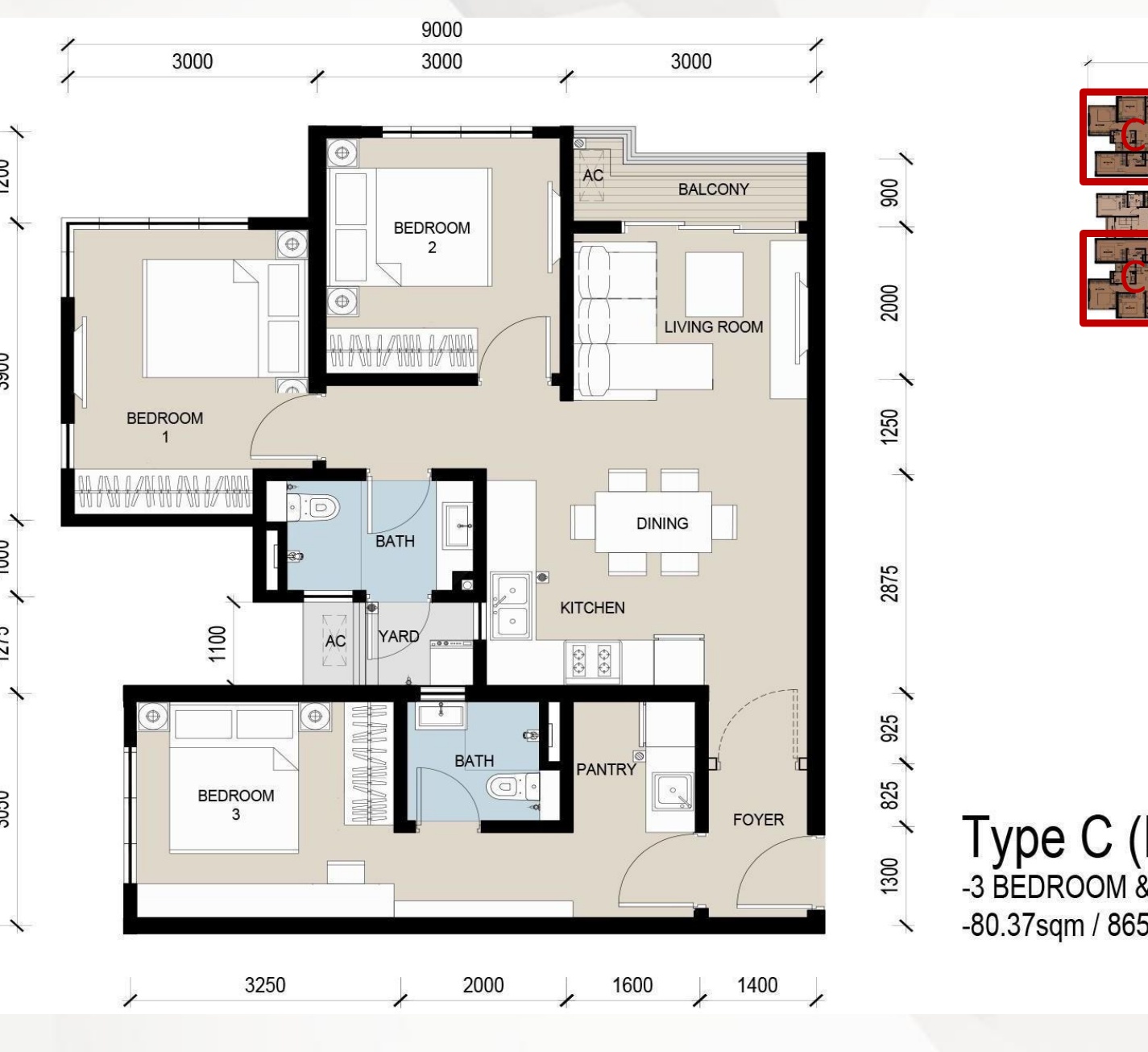 The Address Johor Bahru C 户型图，3房