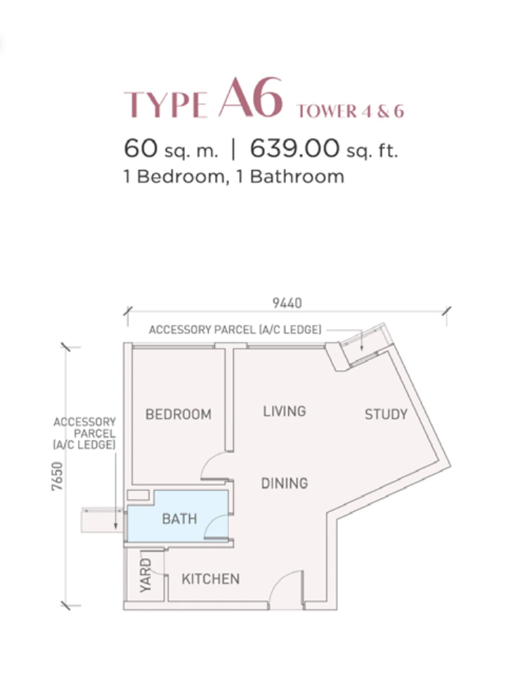 Florian Residences (Vista Tiara) Phase 2 A6 户型图，1房