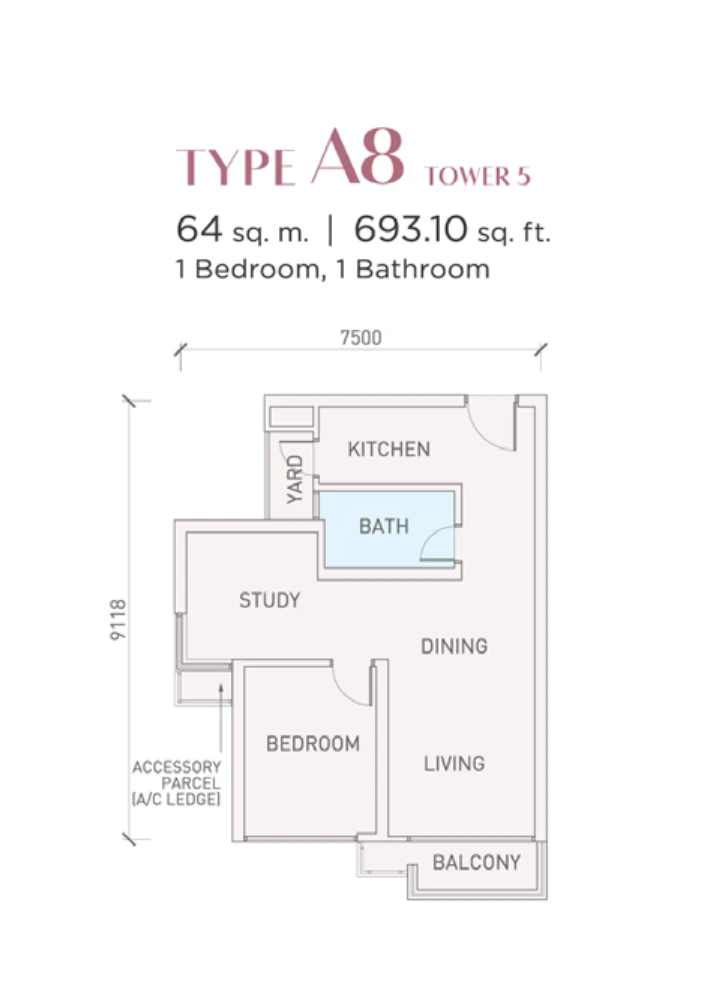 Florian Residences (Vista Tiara) Phase 2 A8 户型图，1房