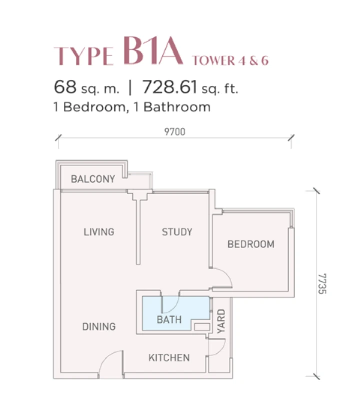 Florian Residences (Vista Tiara) Phase 2 B1A 户型图，1房